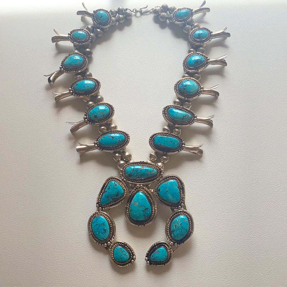 Vintage Silver Squash Blossom Turquoise Necklace